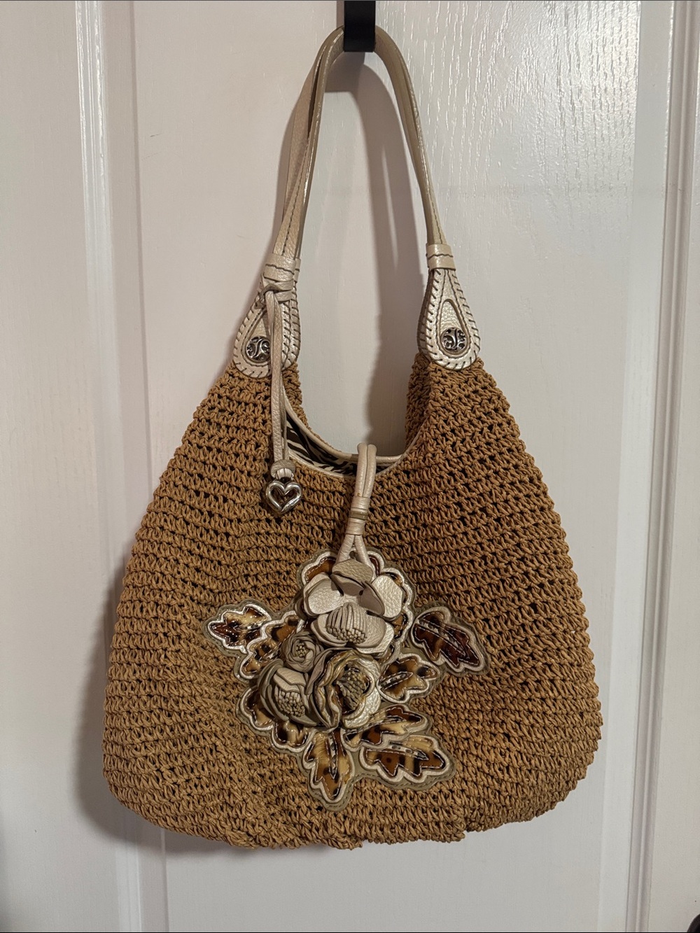 Brighton Tan Woven Hobo with Cream Floral Appliqué